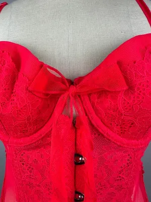 Victoria's Secret Red Lace Mesh Bustier Teddy 36C Y2K Ruffle thumbnail 10