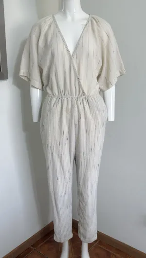 Anthropologie Feather Bone Soleil Ivory Stripe Textured Jumpsuit Women’s Size S thumbnail 1