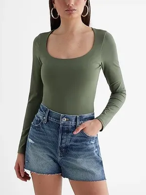 Express Teal Body Contour Light Compression Scoop Neck Long Sleeve Bodysuit Medi thumbnail 1