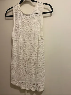 Womens M Medium 38” Tank Top White Crochet Knit V Neck Boho Beach Festival thumbnail 6