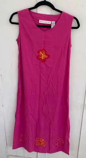 Vintage 90s Linen Embroidered Midi Dress Small Pink French Laundry Cottagecore thumbnail 1