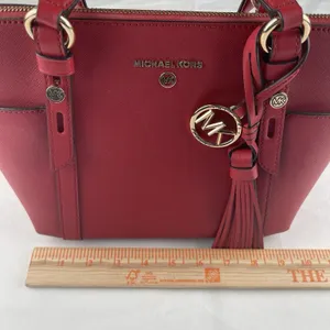 Michael Kors Red Saffiano‎ Leather Satchel Crossbody Bag Gold Hardware Tassel thumbnail 7
