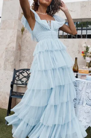 NEW Petal & Pup Belle Swiss Dot Tulle Tiered Maxi Blue Dress sz M thumbnail 1