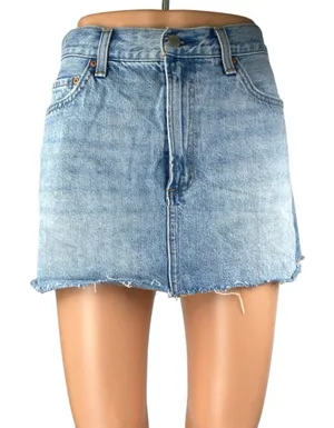 Aritzia Denim Forum Tori Blue Distressed Frayed Raw Hem Mini Denim Jean Skirt 29 thumbnail 1