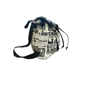 Black & White Newspaper Print Drawstring Backpack thumbnail 10
