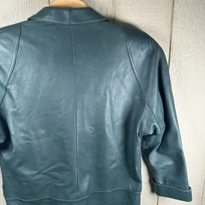 Vintage Tibor Womens Medium Green Leather Coat Jacket Mid-Length Shoulder Pads thumbnail 5