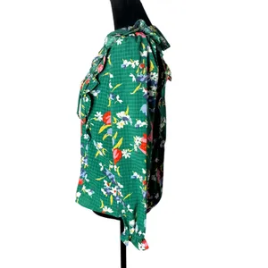 LOFT Green Floral Blouse Ruffle Tie Neck‎ Size XXSP Fairy Cottage Feminine thumbnail 4