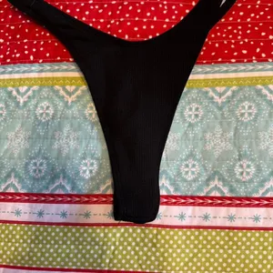 Black Ribbed Triangle Bikini Top Thong Swimsuit Set Size S thumbnail 6