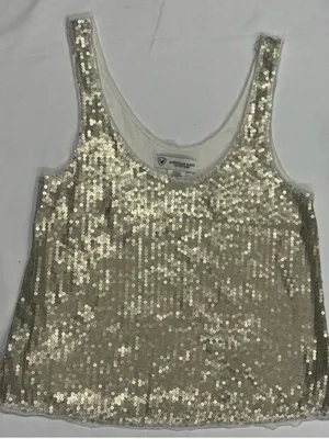Gold Sequin Mesh Tank Top Y2K Style Party Going Out XS thumbnail 1