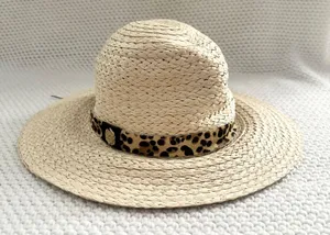 Vince Camuto Beige Straw Leopard Pony Hair Band Summer Hat Floppy Panama OS thumbnail 10