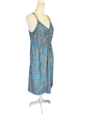 Women's blue and brown summer dress with pockets decorative gold rings size L thumbnail 2