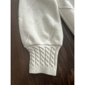 Cream Pom Pom‎ Chevron Knit Crewneck Sweater Puff Long Sleeve Cable Pullover XS thumbnail 3