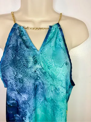 Emery Rose S Teal Blue Gold Chain Halter Dress Watercolor Marble Mini thumbnail 5