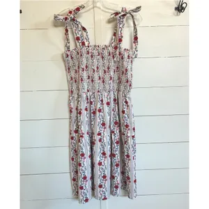 Joie Floral Smocked Tiered‎ Midi Sundress Tie Shoulder Red Blue White Medium thumbnail 9
