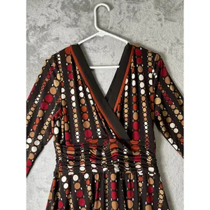 Vintage Retro Mod Polka Dot Surplice Fit & Flare Midi Dress Boho Fall 70s Chic M thumbnail 4