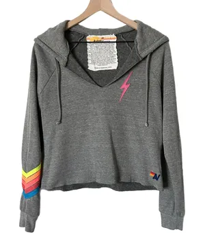 Aviator Nation Bolt Stitch Chevron Stripes Split Neck Crop Hoodie Gray Medium thumbnail 1