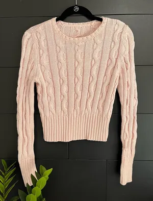 Blush Pink Cable Knit Sweater Long Sleeve Crew Neck Cropped Pullover Sz S GUC thumbnail 1