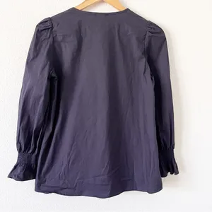 Tuckernuck Easton Poplin Ruffle Sleeve Blouse Navy V-Neck Cotton Top thumbnail 8