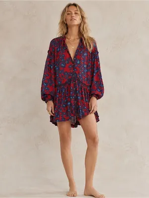 NEW Free People Red Floral Bohemian Keyhole Long Sleeve Mini Dress LRG Tunic thumbnail 5