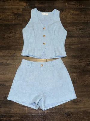 Commense Textured Metal Button Vest & Shorts Set - Blue thumbnail 2