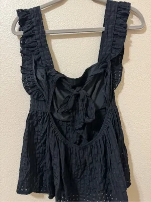 SHEIN Black Smocked Babydoll Top Ruffle Straps Tie-Back Boho Chic Size XL (12) thumbnail 2
