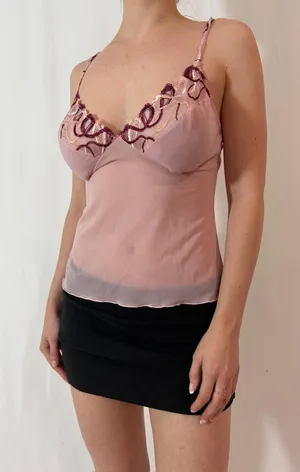 Sheer Angelic Pink Bow Embroidered Fairy Cami thumbnail 1