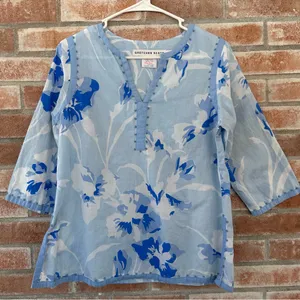 Gretchen Scott Cotton Tunic Shirt Women’s Medium Blue Beaded Floral Embellished thumbnail 1