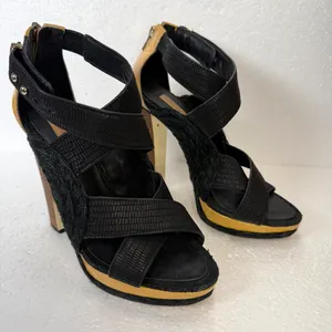 BCBG Maxazria Fritz Open Toe Heels Women's 7B Black Woven Strappy 5" Heel thumbnail 1