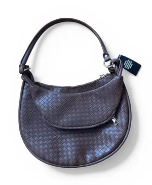 Crescent Woven Dark Espresso Shoulder Handbag Purse Satchel Medium Knotted Strap thumbnail 1