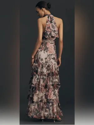 Dress The Population Maya Ruffle Halter Maxi Dress Medium Floral thumbnail 2