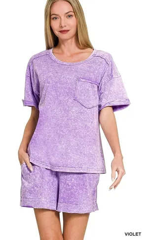 Zenana Halo Snow Washed Exposed Seam Top & Shorts Set - Violet - Small‎ thumbnail 1