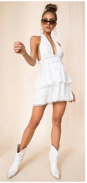 Superdown Women's Emilia Ruffle Halter Mini Dress White + Black Polka Dot Size M thumbnail 1