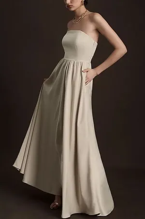NWT BHLDN Elsie Straight-Neck Satin A-Line Gown Champagne thumbnail 1
