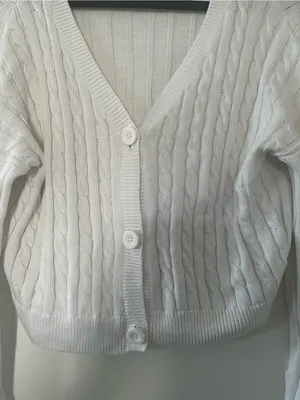 Hollister White Cable Knit Cropped Cardigan Small 100% Cotton Preppy Coastal thumbnail 3