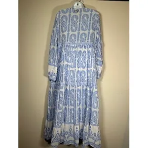Vintage Ibiza Maxi Dress Blue White Block Print Tiered Resort Vacation Cotton M thumbnail 5