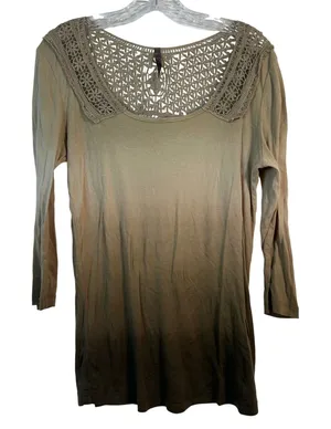 XCVI Ombre Cotton Crochet Lace Yoke 3/4‎ Sleeve Top Tan Brown XL thumbnail 1