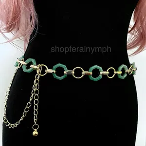 Gold Y2K Green Marbled Hexagon Open Ring Chain Belt, Fits 21-43 Inches, X7GA1356 thumbnail 4