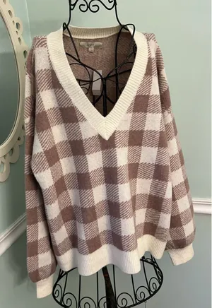 Ann Taylor Loft Sweater Large‎ Plaid Gingham Pink Sweater Sz L V Neck NWT thumbnail 1