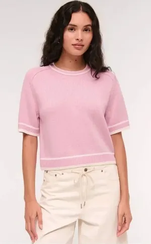 Abercrombie The Madeline Crewneck Knit Boxy Sweater Barbie Pink & White Small #1 thumbnail 1