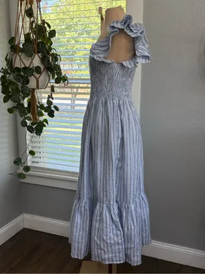 Mille Olympia Linen Midi Dress Size Small Smocked Tiered Ruffle Sleeve thumbnail 6