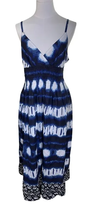 Speed Control Maxi Dress L Boho‎ Halter Blue White Tie Dye Sundress Women's thumbnail 1
