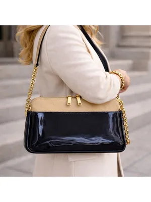 Authentic Chloé Lucy Two-Tone Leather Shoulder Bag Beige & Black Patent Leather thumbnail 2