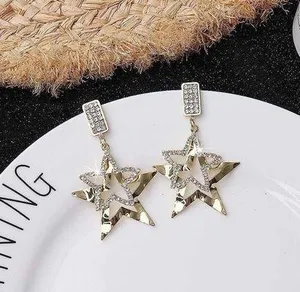 Women's Double Stars Pentagram Dangle Drop Earrings Gold thumbnail 1