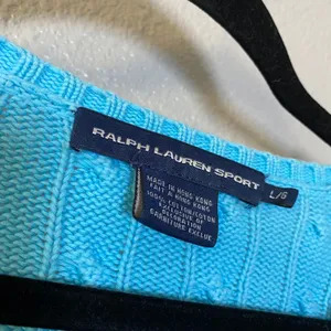 100% Cotton Ralph Lauren Sport Cable Knit Sweater Large Blue Orange Pony V Neck thumbnail 3