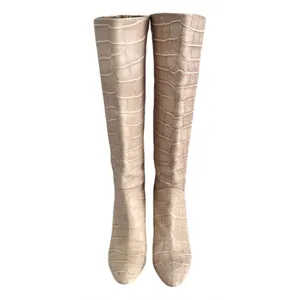 Karen Millen Ivory Croc Embossed Leather Heeled Knee High Boots, Size 38 thumbnail 3