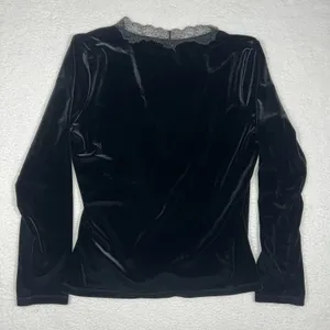 Lauren Ralph Lauren Womens Velvet Velour Lace Trim Top XL Black Whimsigoth Vamp thumbnail 8
