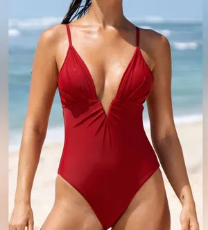 Berlook Red V Neck Ruched One-Piece Swimsuit thumbnail 5