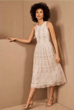 BHLDN Ivory Floral Embroidered Tulle‎ Midi Dress Sleeveless Size 4 New thumbnail 1