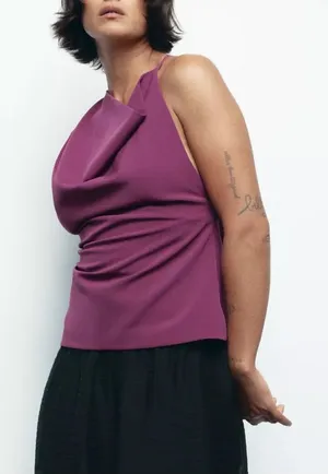 Zara NWT plum asymmetrical cowl neck draped sleeveless top thumbnail 1
