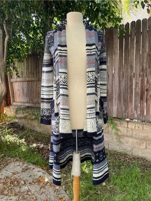 Free People Open-Front Knit Duster Cardigan Sweater Blue Multi boho bohemian XS thumbnail 3